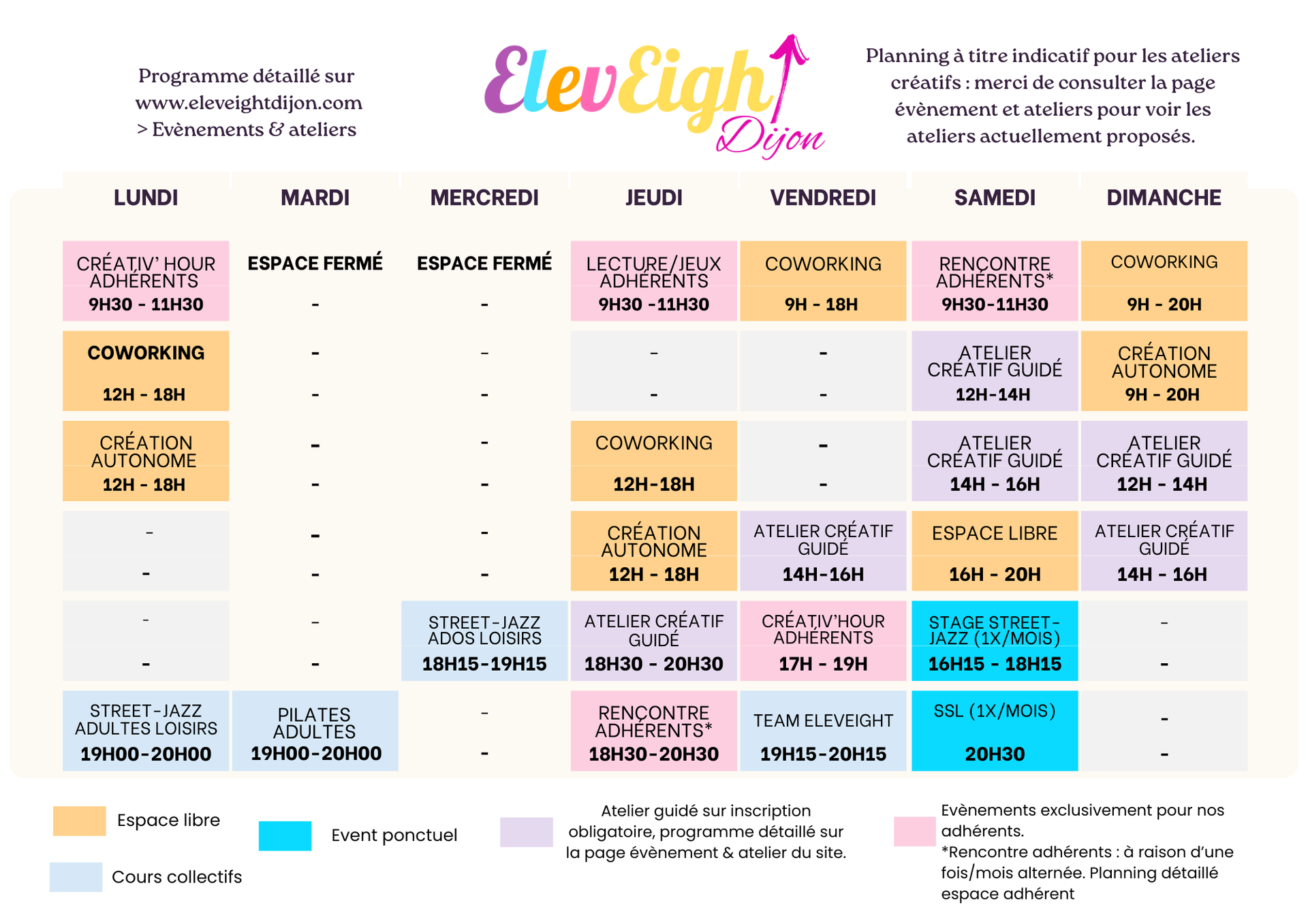planning créatif, planning cours de danse, planning pilates, planning ateliers, planning evenement, planning rencontres adhérents 