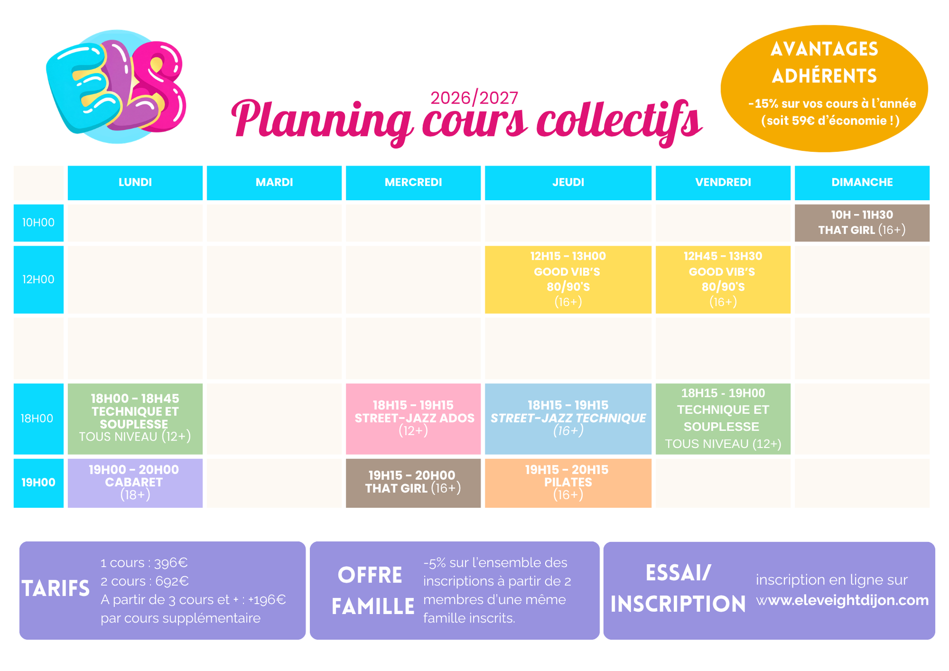 PLANNING, DANSE, PILATES, DIJON, COURS COLLECTIFS, 2026 2027,